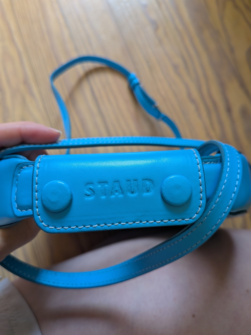 STAUD Bright Turquoise Leather Strap with Embossed Logo